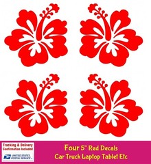 Hibiscus 4 Pack, Hawaiian Flower Red 5″ Vinyl Decals Car Truck Window Laptop