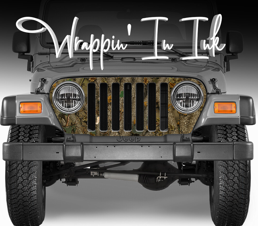 Grill Wrap in Forest Camo Brown Green Camouflage for Jeep Wrangler 1997-2006