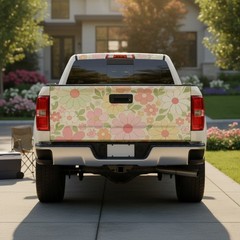 Pink Boho Flower Tailgate Wrap Decal, Retro Floral Cute Pastel Tailgate Sticker