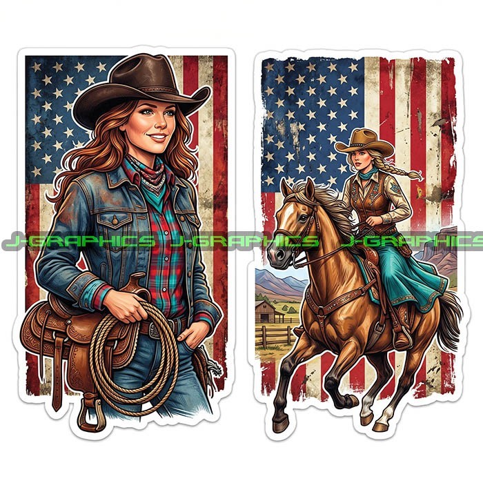 Cowgirl American Flag Patriotic Western Vinyl Decal Sticker 2 Pack F