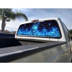 Car Sticker Decal Wrap Back Flaming Skull Vinyl Rear Window Graphic Tint Blue