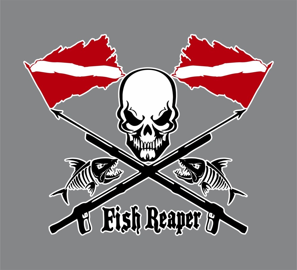 Fish Reaper Skull Diver Down Flag Speargun Car Boat Truck Vinyl Decal Sticker