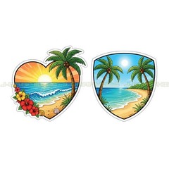 Beach Sun Palm Trees Vinyl Decal Sticker Ocean Waves 2 Pack D