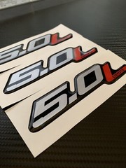 (3) Gel-coated 5.0L COYOTE emblems badges Ford F-150 4.75in Silver/red black