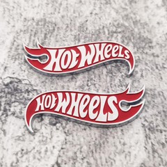 2x Metal Red Silver Hot Wheels Fender Lid Hood Badge Hotwheels Decal Emblem