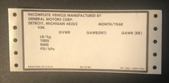 NOS Blank General Motors Incomplete Vehicle Sticker Decal VIN Tire PSI GVWR 1980
