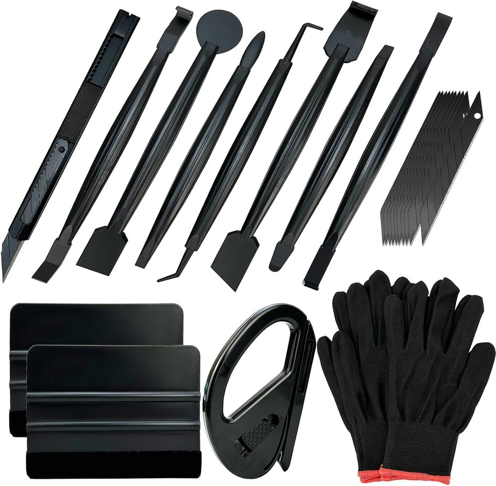 “Automotive Vinyl Wrap Kit with Tools: Black Vinyl, Car Compatible, Plastic Ex..