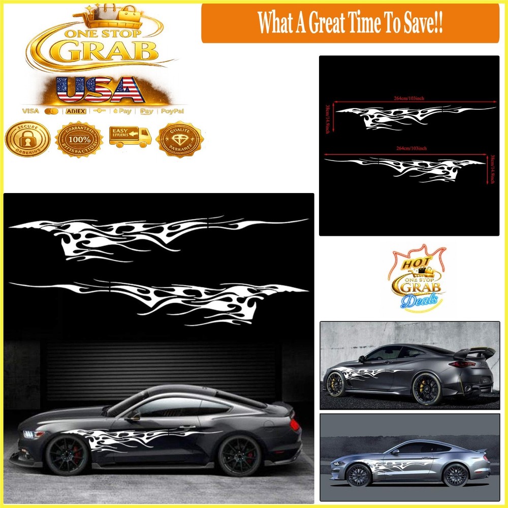 2Pcs Car Flame Graphics Side Stickers Decal for SUV Truck Waterproof White