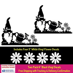 Gnome Watering Flowers Two 6″ Black Vinyl Decal Car Window Laptop Tablet Tumbler
