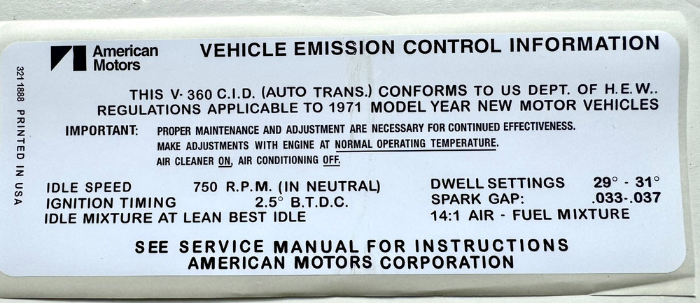 1971 AMC 360 V8 ENGINE EMISSIONS DECAL AUTO