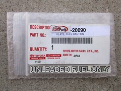 FITS: 75 – 87 TOYOTA COROLLA UNLEADED FUEL ONLY DECAL STICKER OEM BRAND NEW
