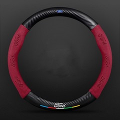 15″/38cm Red Suede Leather Carbon Fiber Car Steering Wheel Cover for Ford
