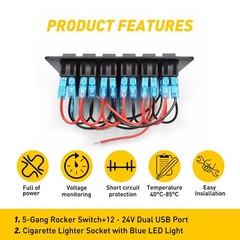 1/2Set 6 Gang Rocker Switch Blue Panel LED Circuit Breaker Waterproof Car Marine