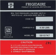 1970 Black and Red Frigidaire Air Conditioning Compressor Decal Model #5910747