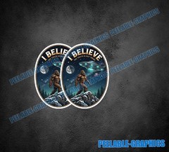 Bigfoot Sasquatch I BELIEVE UFO Aliens Mountains Vinyl Decal Sticker 2 Pack A