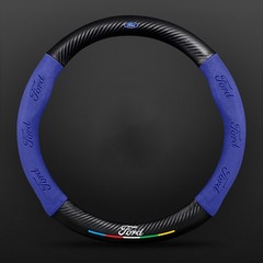15″/38cm Blue Suede Leather Carbon Fiber Car Steering Wheel Cover for Ford