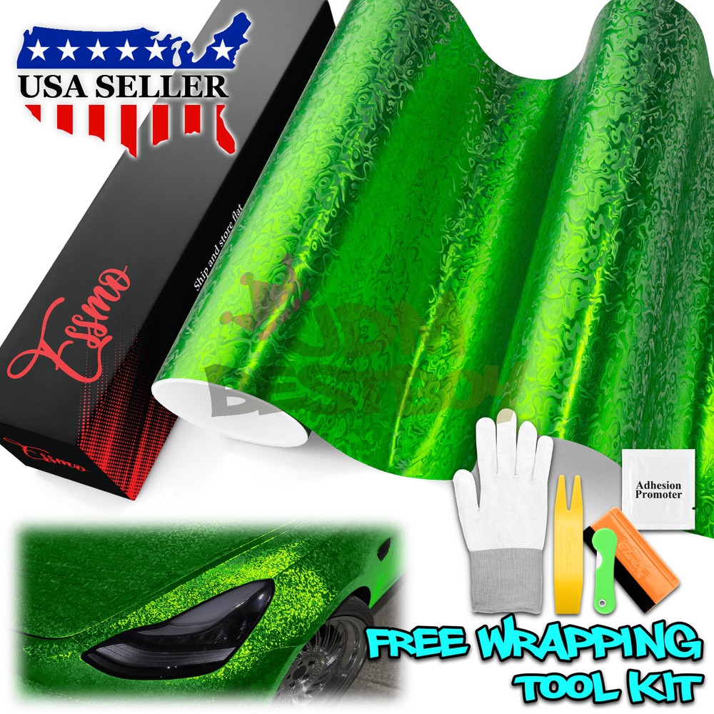 PET Damascus Steel Forged Carbon Fiber Beast Green Car Vinyl Wrap Decal Sticker