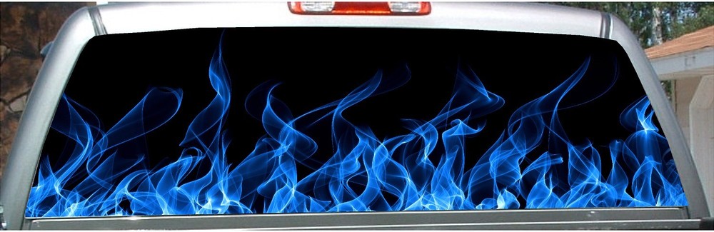Blue flame rear window view thru graphic decal wrap